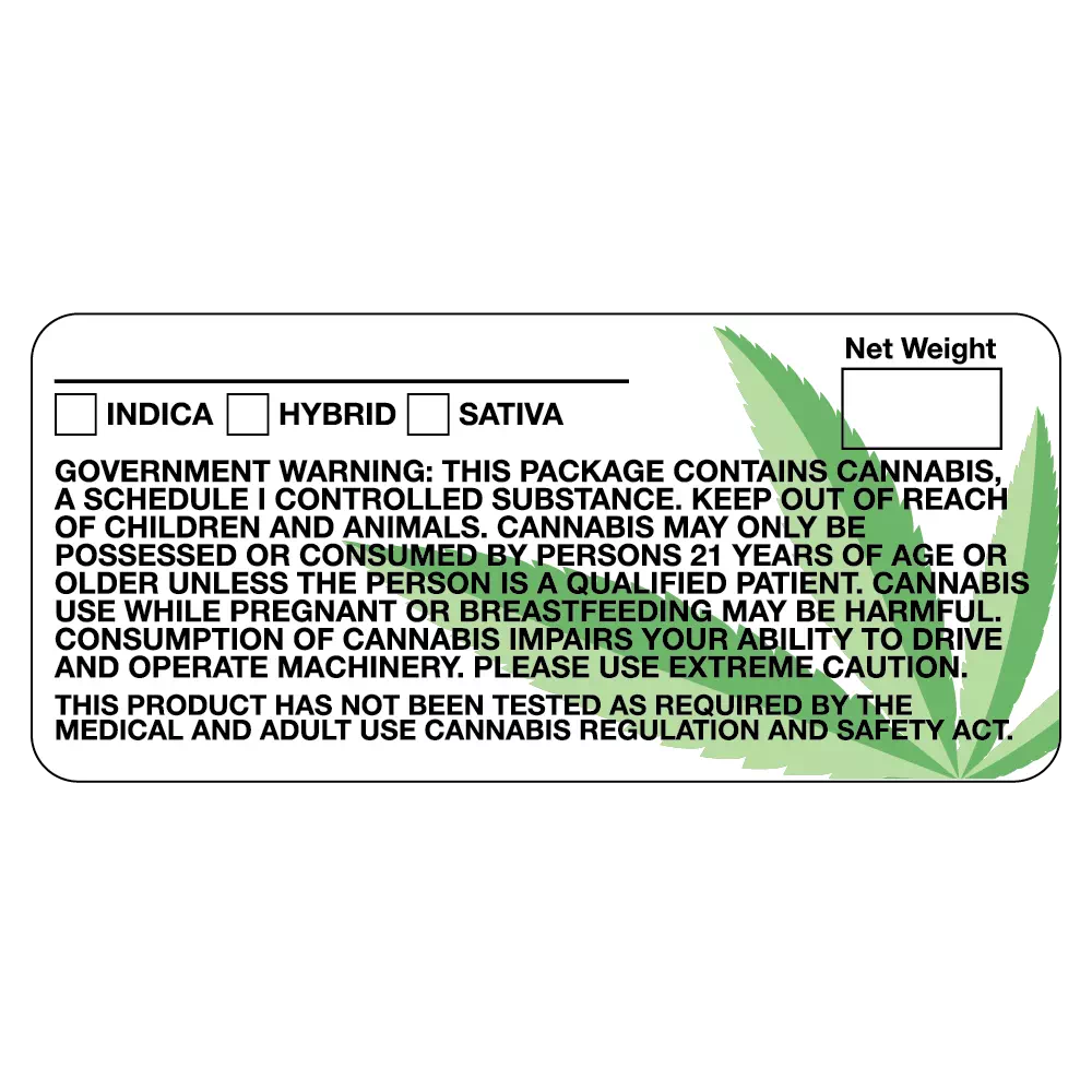 CA MAUCRSA Warning Labels w/ Testing Disclaimer for Cannabis (Leaf Design)